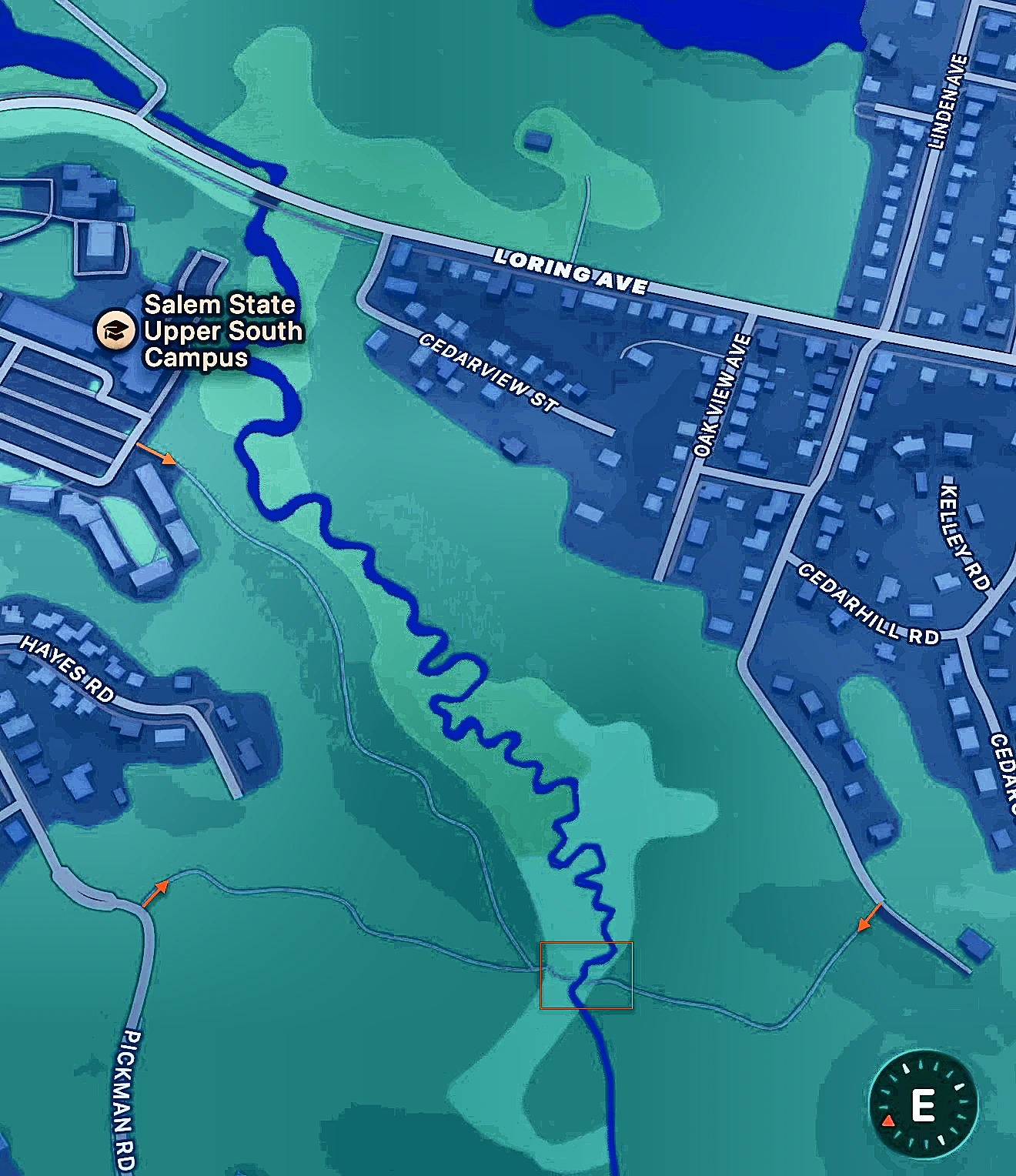 Apple Maps view of the Forest River Conservation Area between Salem State's Upper South Campus and the Loring Avenue neighborhoods, showing the footpath trail network crossing the winding Forest River, with the river crossing marked.