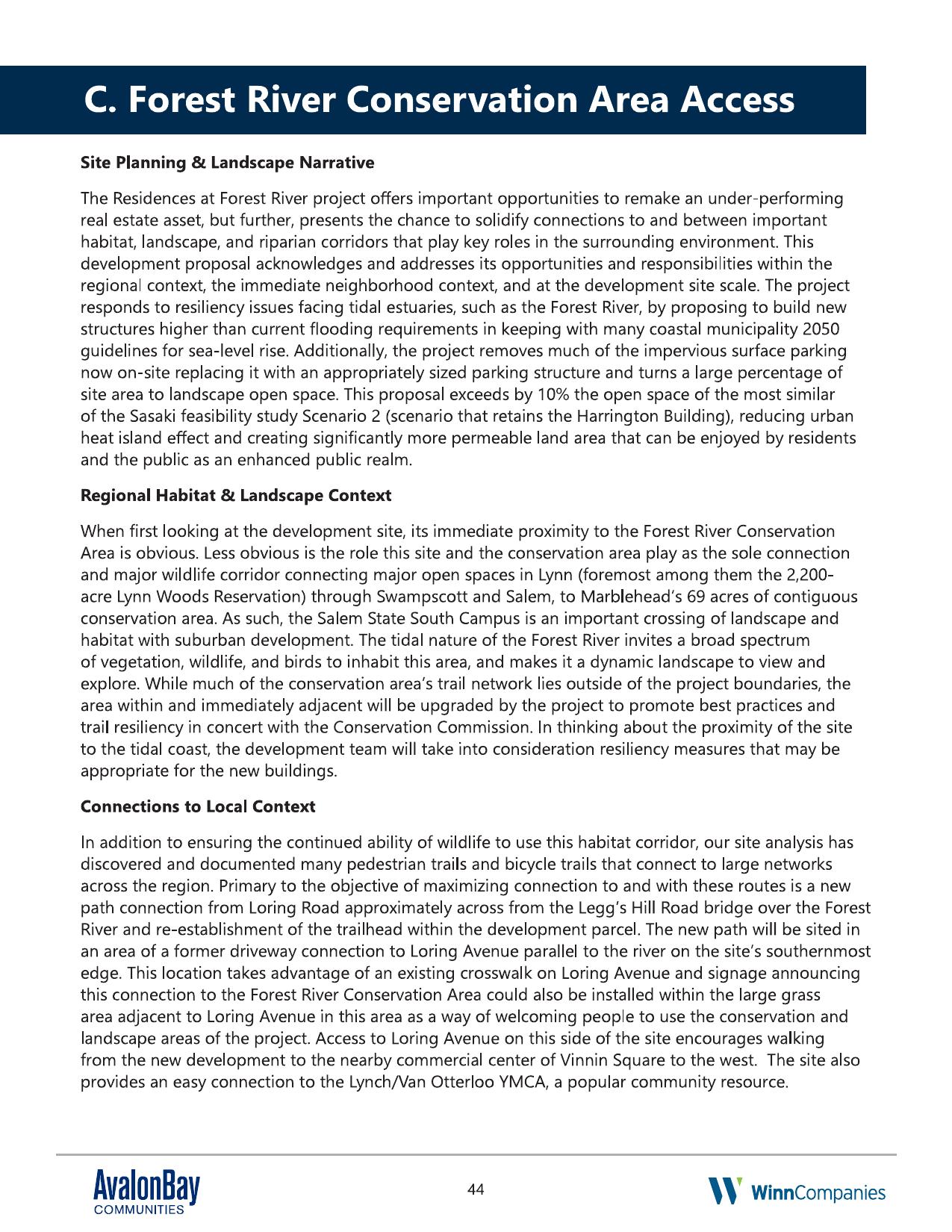 Page 44 of the AvalonBay and WinnDevelopment 2022 RFP response, headed 'C. Forest River Conservation Area Access.' Contains the phrase 'trail resiliency in concert with the Conservation Commission.'