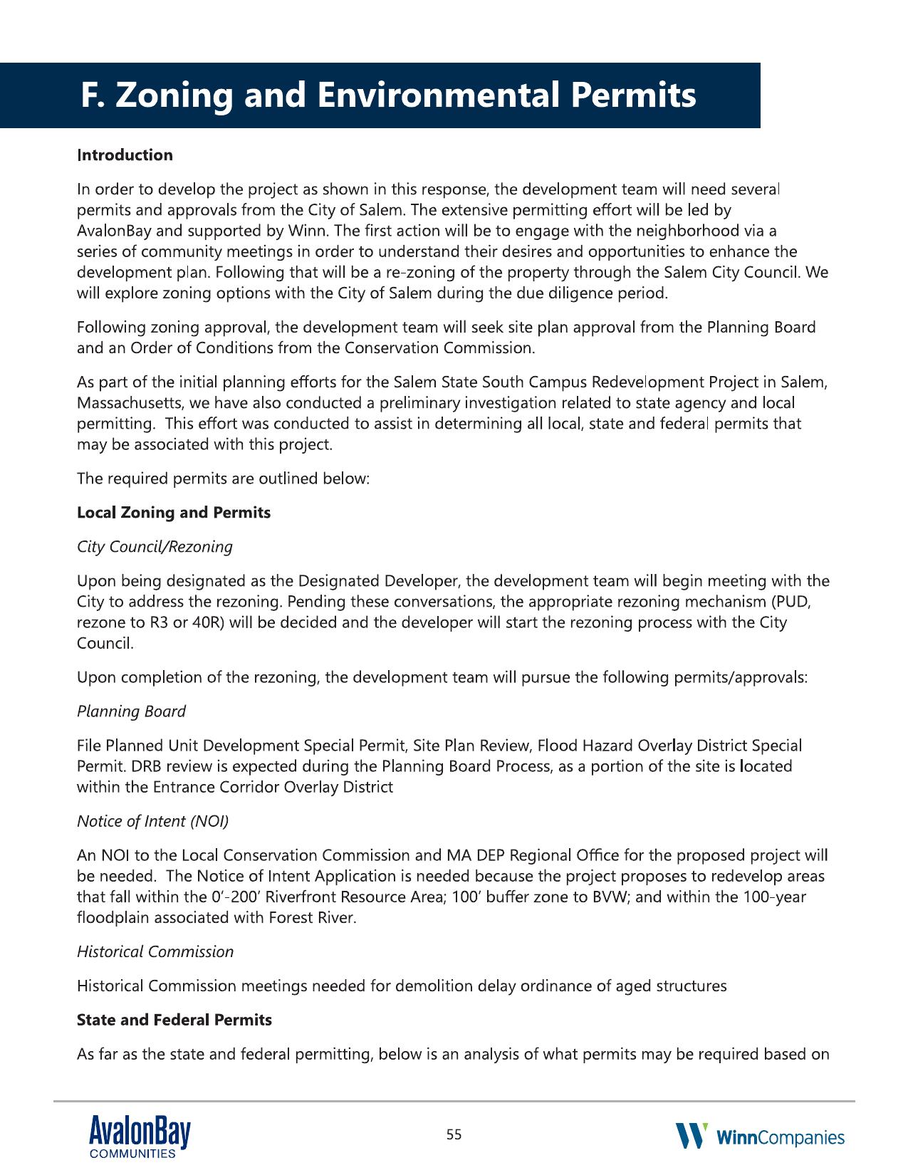 Page 55 of the AvalonBay and WinnDevelopment 2022 RFP response, headed 'F. Zoning and Environmental Permits.' Commits to a series of community meetings before permitting and to seeking an Order of Conditions from the Conservation Commission.