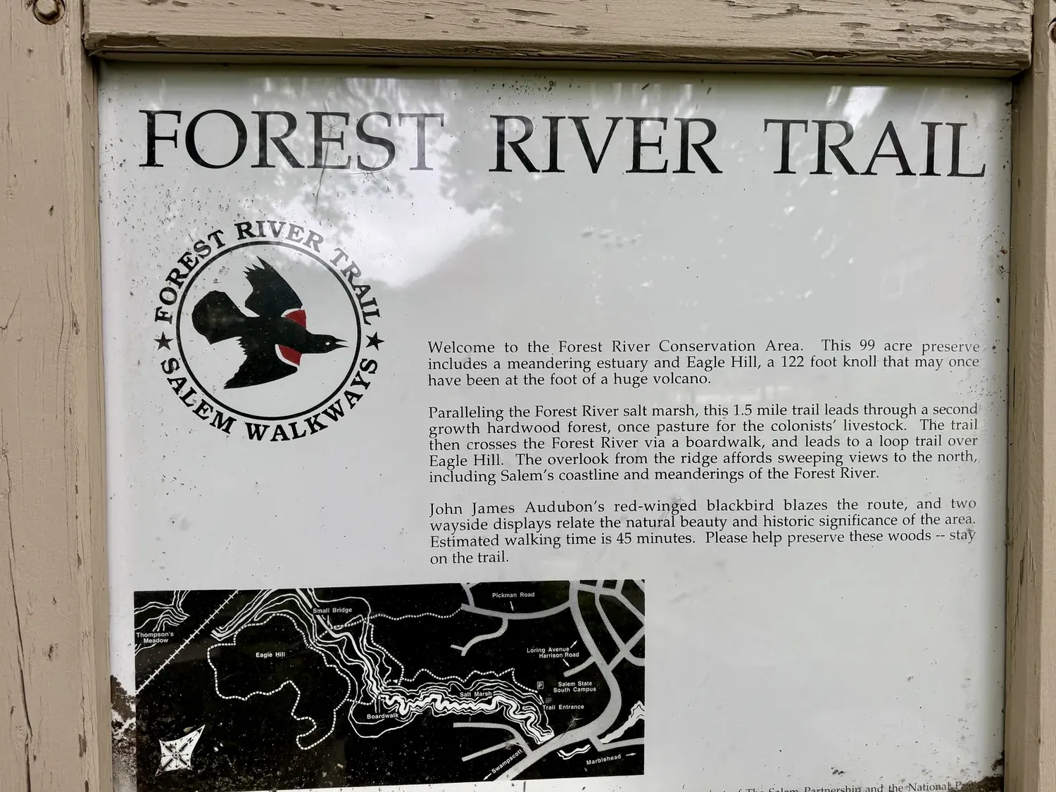 The official Salem Walkways 'Forest River Trail' interpretive sign at the trailhead, describing a 1.5-mile trail through hardwood forest that crosses the Forest River via a boardwalk and leads to a loop over Eagle Hill.